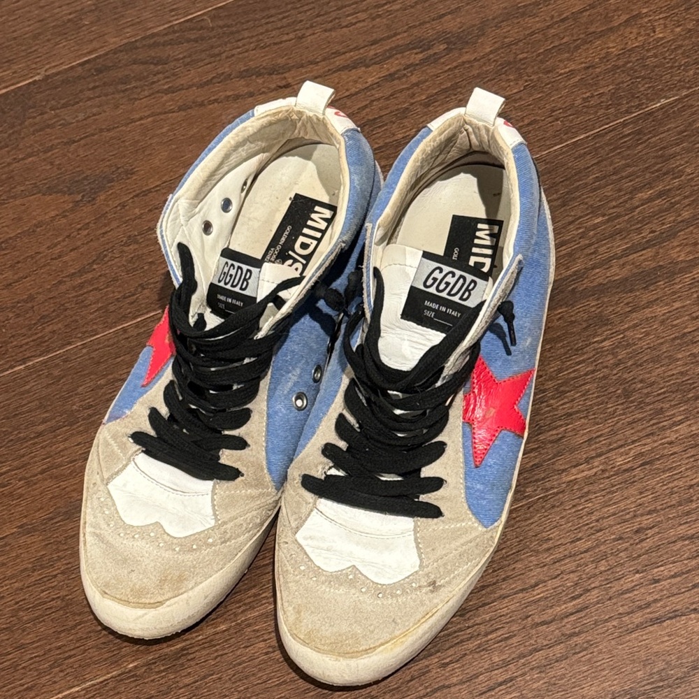GGDB Golden Goose Women’s Blue Denim & White High-Tops with Red Star Size 41/11 - Picture 2 of 8